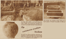 872847 Collage van 3 foto's betreffende de archeologische opgravingen op het Domplein te Utrecht, met linksboven een ...
